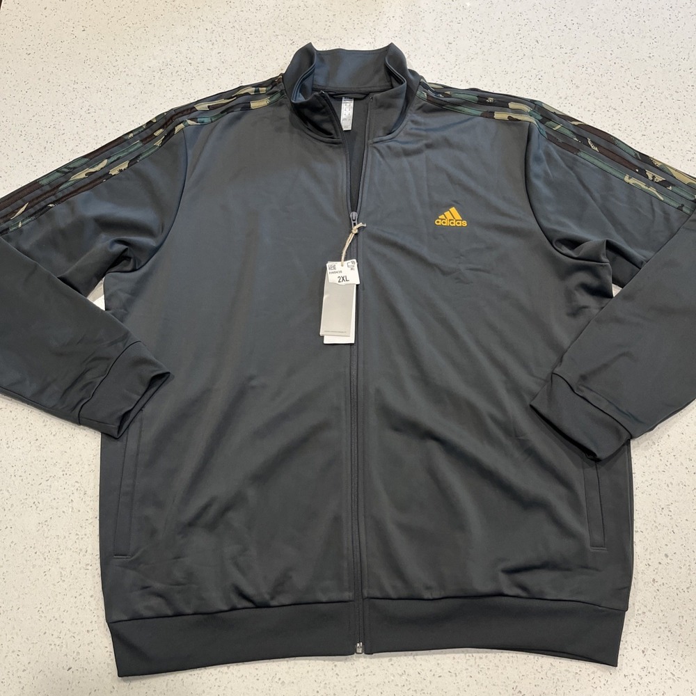 Adidas Track Top Jacket Full Zip Mens 2XL Gray Camo Trim 3 Stripes NWT